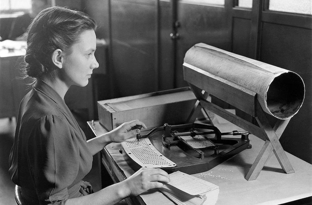 Old data processing and woman image